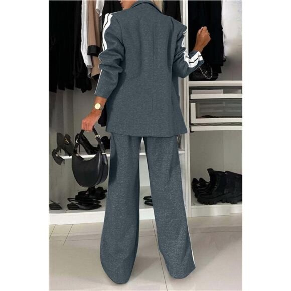 Full Size Contrast Lapel Collar Top and Pants Set - Picture 13 of 17